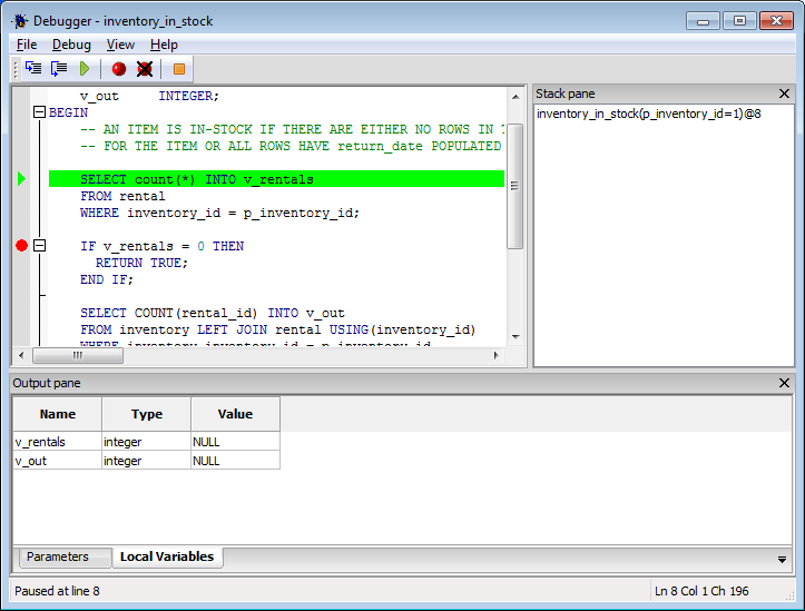 Fenêtre du debugger